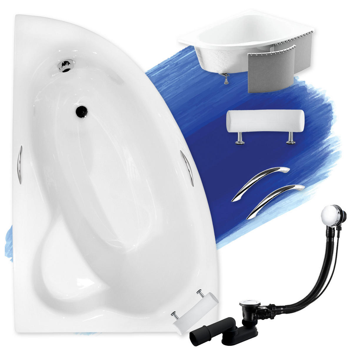 BADEWANNE Eckwanne NATALIA PREMIUM 150/100 Links mit Styro Ablauf Füße - Weiß, Kunststoff (100/59.5/150cm) - bad land