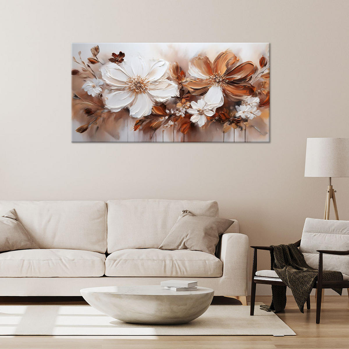 WANDBILD braune und weiße blumen natur - Beige, Textil (100/50cm) - Feeby