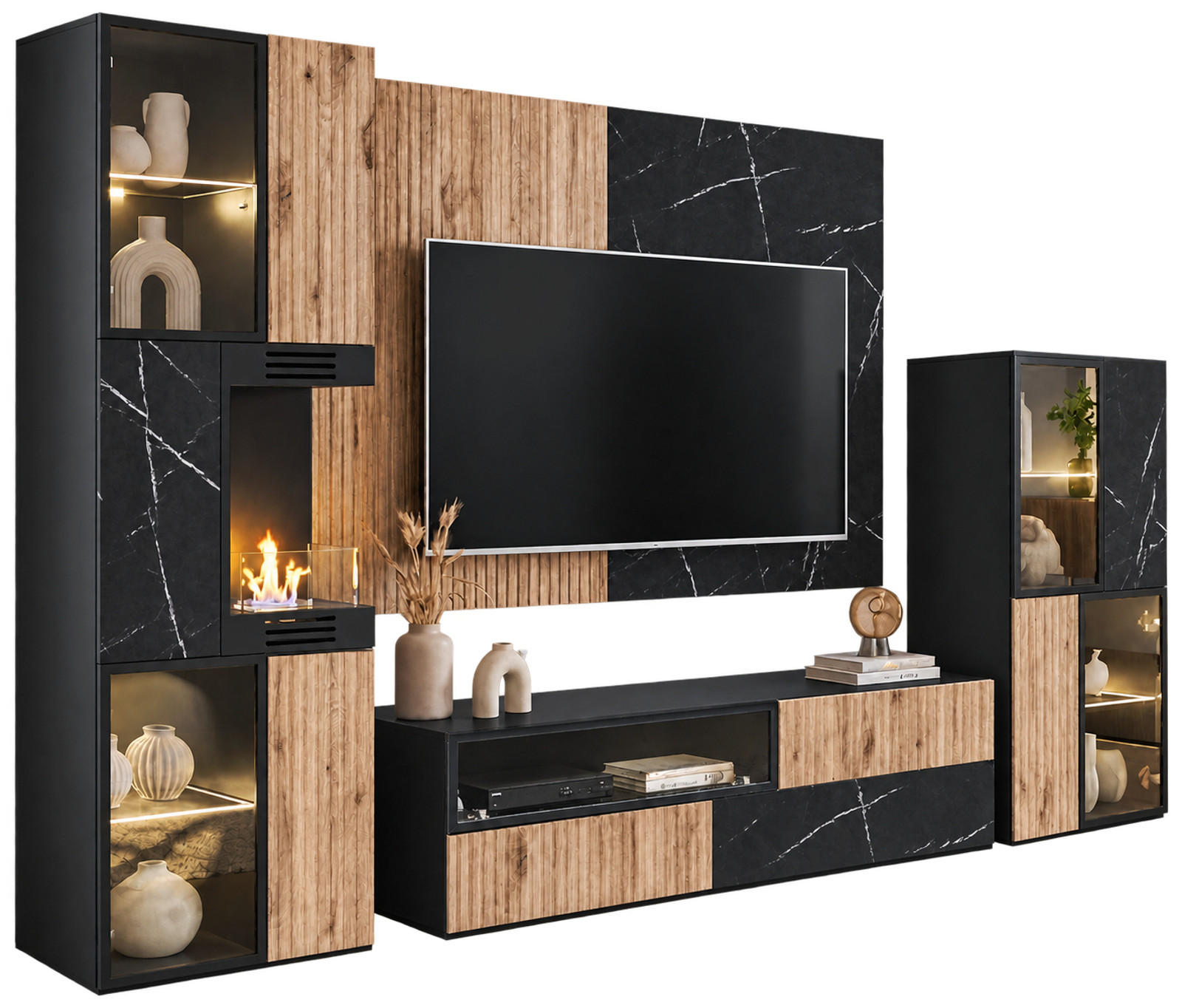 WOHNWAND Eiche, Marmor schwarz 300 cm, Anbauwand inklusive Ethanol Kamin - Eichefarben/Schwarz, Glas/Holzwerkstoff (300/182/45cm) - Inn.Furn