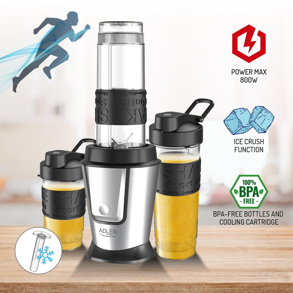 PERSONAL MIXER, 800W Smoothie Maker, Ice Crush Funktion, Cooling Stick, BPA-Frei, 2 Shaker Flaschen, Protein Shake, Fitness Blender, Portable, Küchen - Silberfarben/Schwarz, Glas/Kunststoff (14/33/14cm) - Adler