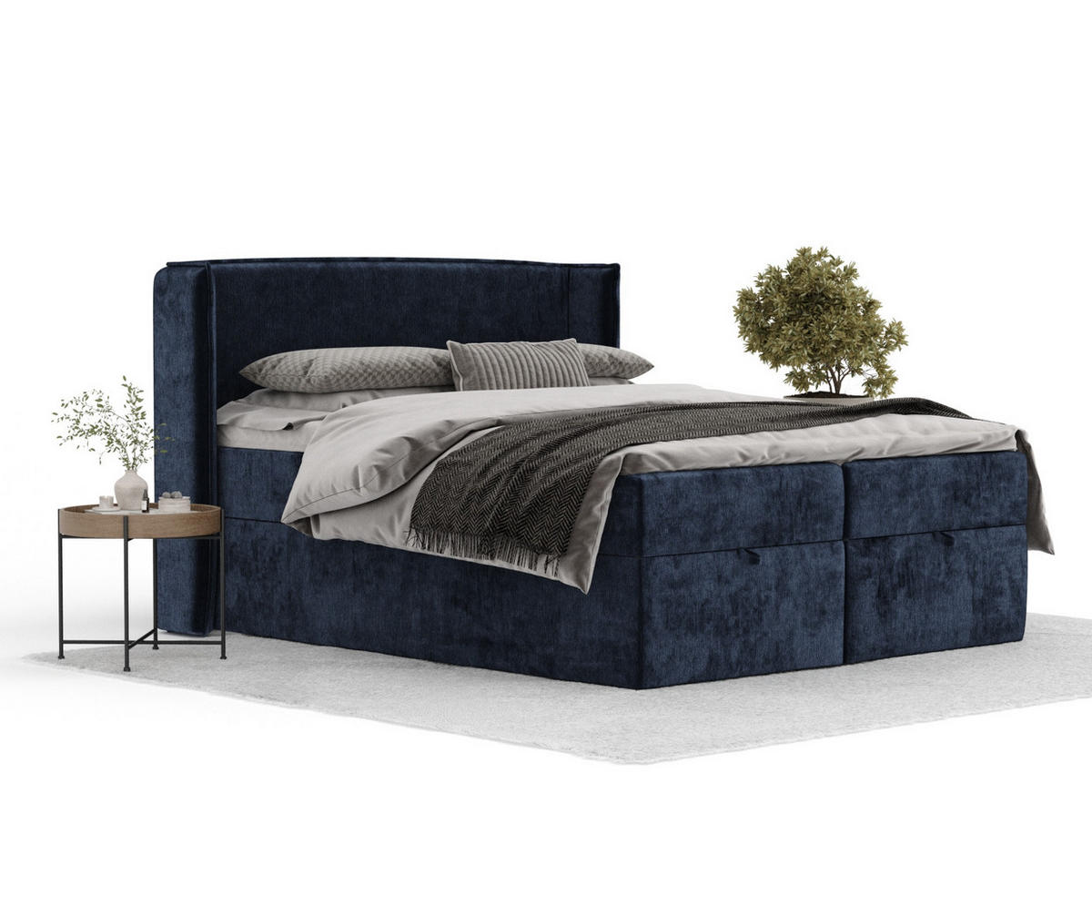 BOXBETT Passion Marineblau 200/200 cm mit Matratze und Topper - Schwarz/Dunkelblau, Holz/Holzwerkstoff (200/200cm) - Maison de Reve