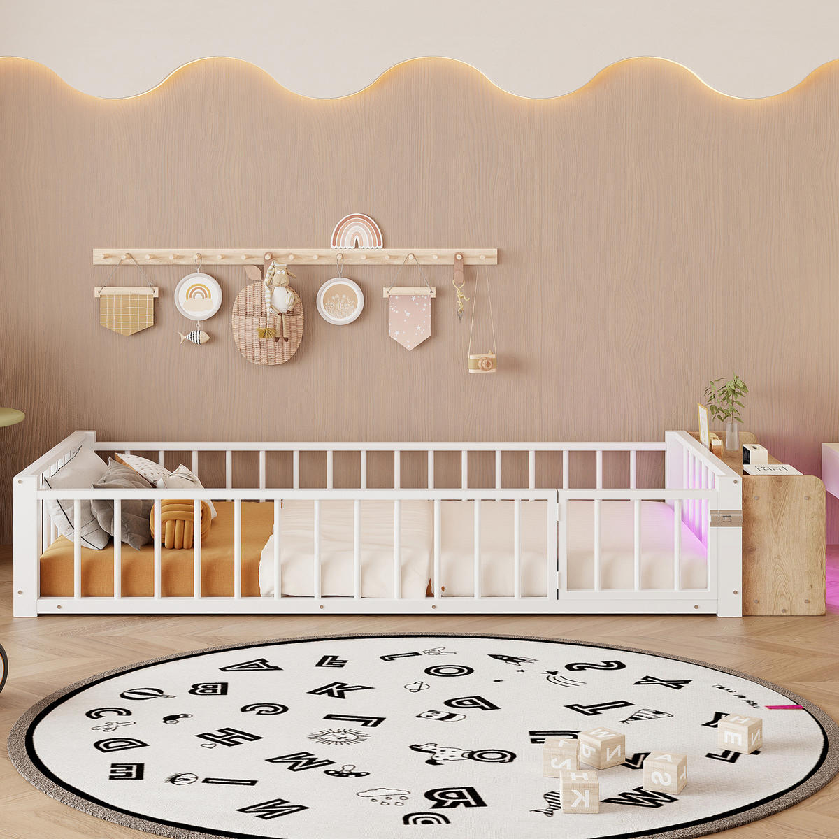 KINDERBETT 90/200 cm in Weiß mit Schutzgeländer, LED-Beleuchtung und Staufach - Weiß, Holzwerkstoff (90/200cm) - BEAOK