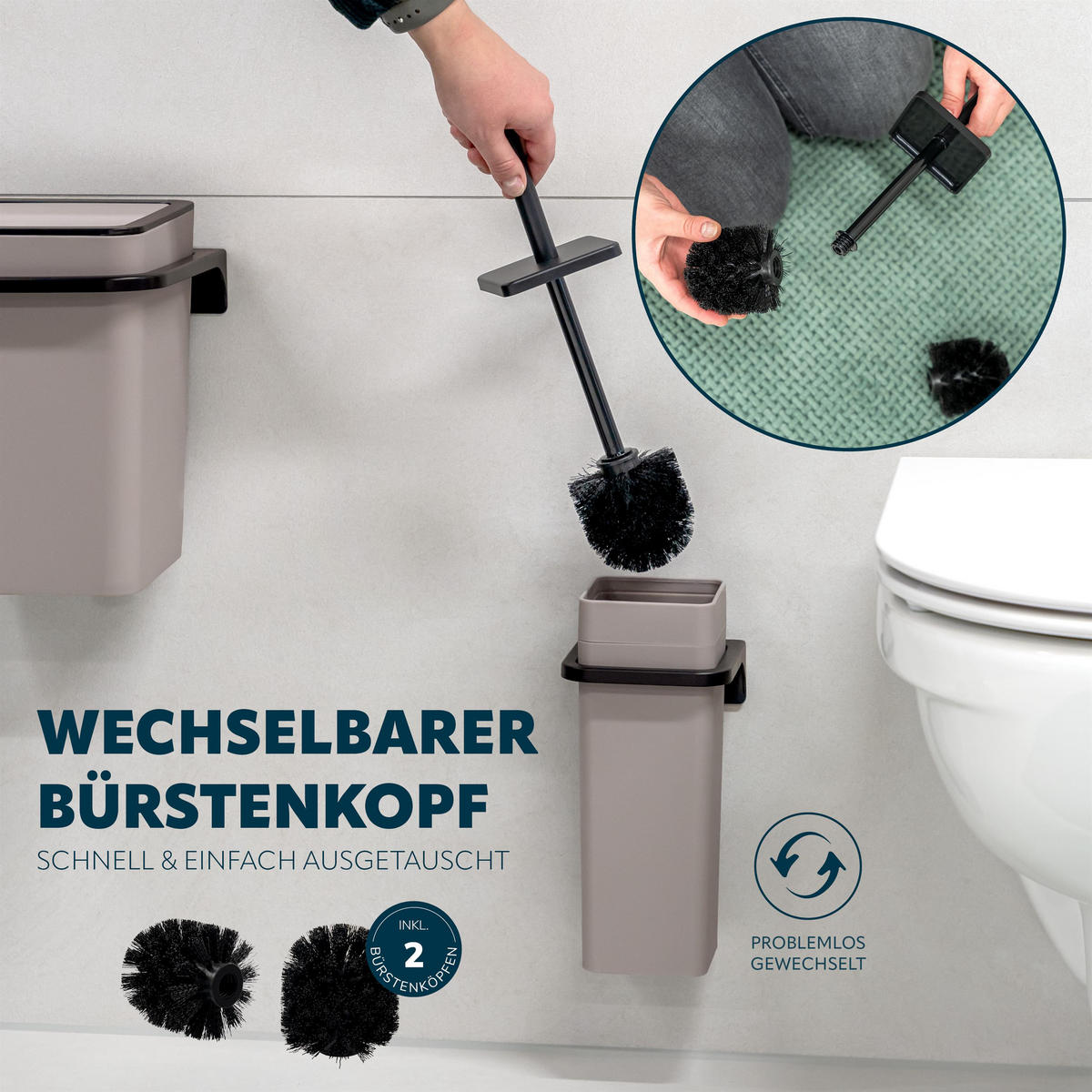 WC-GARNITUR 2-TLG. Bürste u. Eimer SAVONA Softtouch inkl. Wandhalterung, eckig - taupe - Taupe, Kunststoff (18/25/21cm) - bremermann