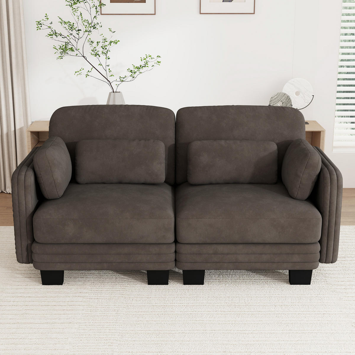 2-SITZER-SOFA Modular Chenille mit Kissen, DE-42686, Braun - Braun, Holz (176/88/88cm) - ComfortXL