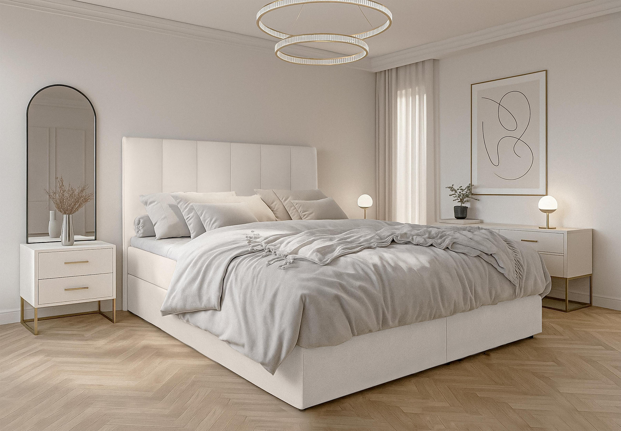 BOXBETT MEREA 180x200 cm mit Bettkasten und Matratze - Beige - Beige/Schwarz, Holz/Holzwerkstoff (180/200cm) - AX Living