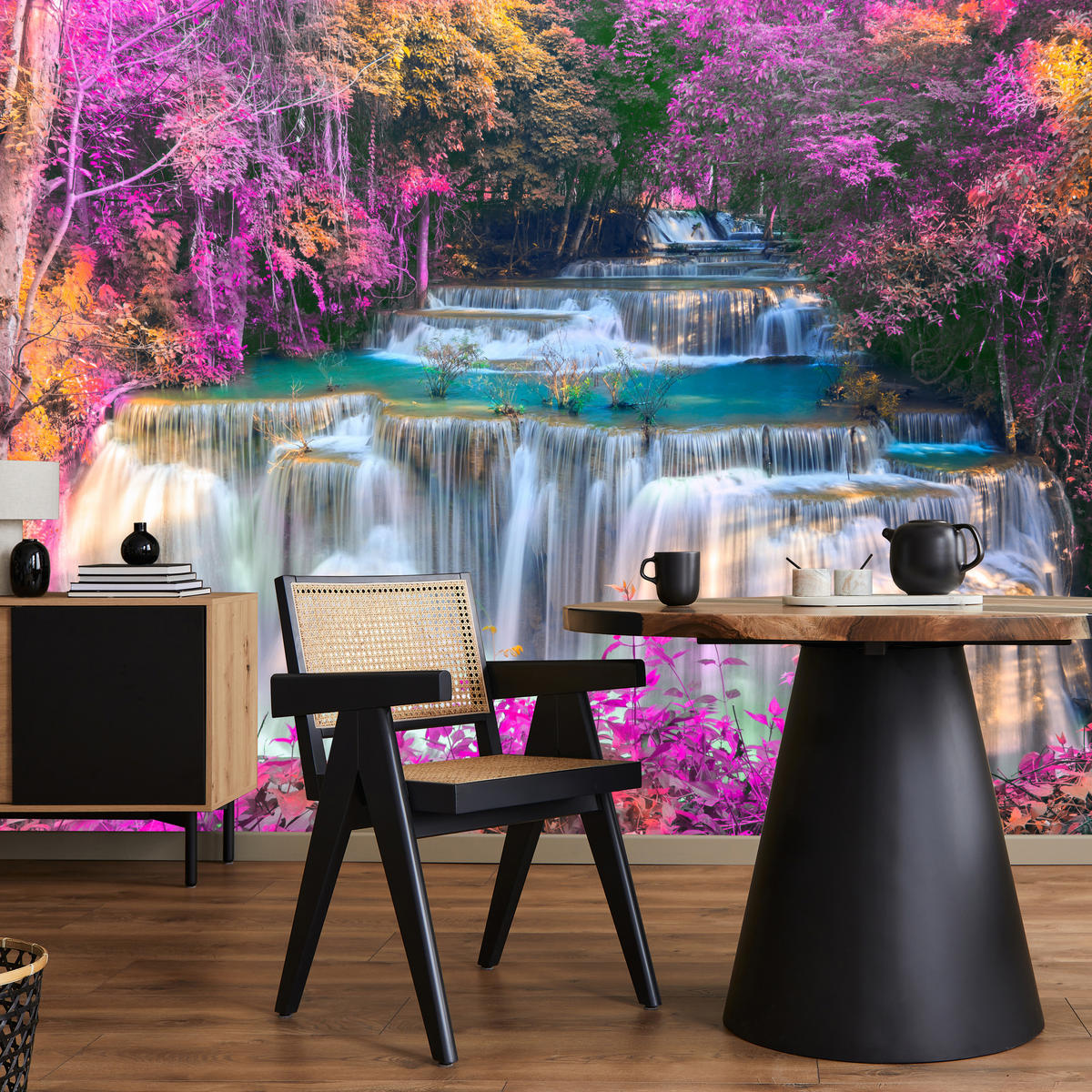 FOTOTAPETE für Schlafzimmer Wasserfall Pinker Wald Fantasie 500x350 - Türkis/Beige, Papier (500/350cm) - Muralo