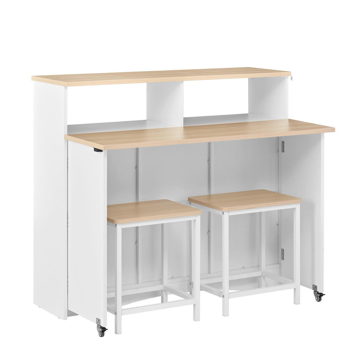 KÜCHENINSEL DE-41121 110/34-68/97,5 cm mit Klappfunktion und zwei Hockern Weiß - Weiß, Holzwerkstoff (110/97.5/34cm) - ComfortXL