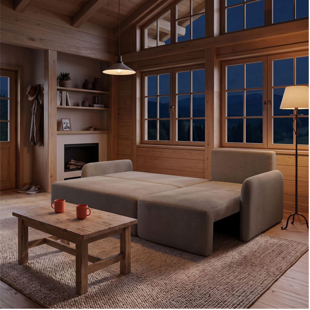 ECKSOFA CASPER L Rechts mit Schlaffunktion 132x198 Cord Hellbraun - Hellbraun/Schwarz, Holz/Kunststoff (145/217cm) - NACANAPA