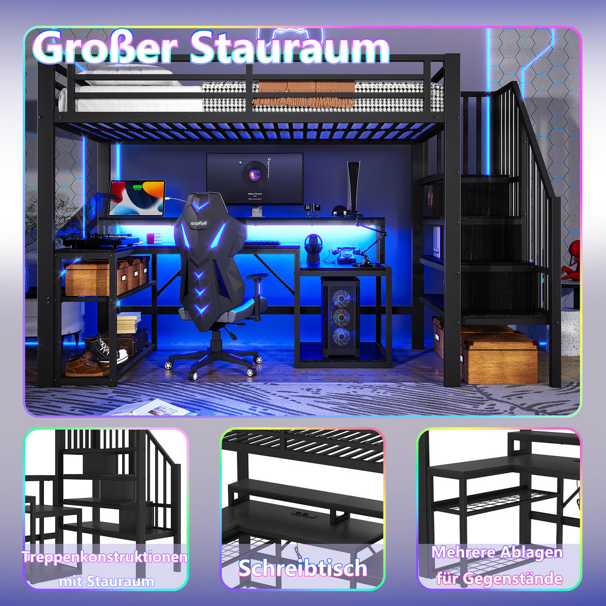 HOCHBETT 90x200cm Schwarz Metall LED-Licht Schreibtisch USB - Schwarz, Metall (90/200cm) - FLIEKS