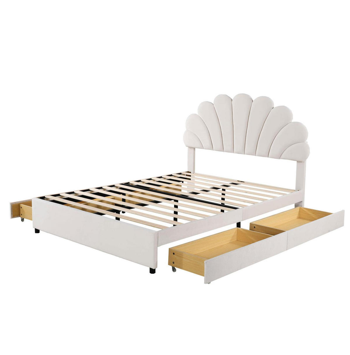 POLSTERBETT 140/200 cm aus Samt mit blütenförmigem Kopfteil und 4 Schubladen Beige - Beige, Textil (140/200cm) - Modenvie