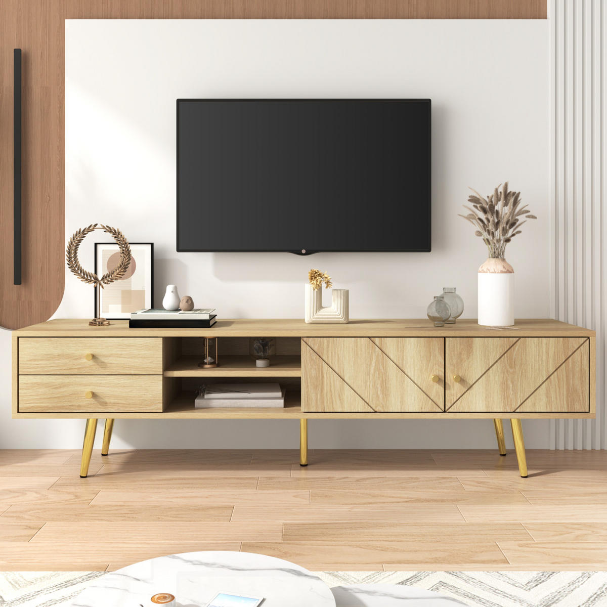 TV Lowboard 160 cm, 2 Schubladen, 2 Türen, goldene Füße, Holz - Braun, Holz (160/42/36cm)