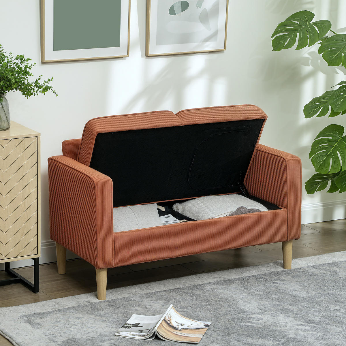 SOFA 2 Sitzer klein Couch mit Armlehne, Stauraum für Wohnzimmer, Orange - Orange/Naturfarben, Holz/Textil (63/79/117cm) - HOMCOM