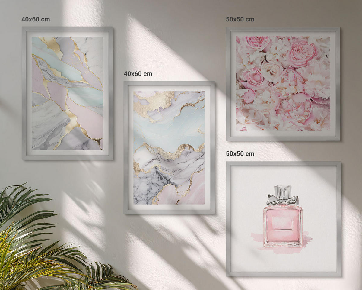 WANDBILDER 4er Set - 50x50 cm & 40x60 cm Silberner Rahmen - Rosa Blumen Marmor Pastell - Silberfarben, Kunststoff (50/50cm) - ArtPrintCave