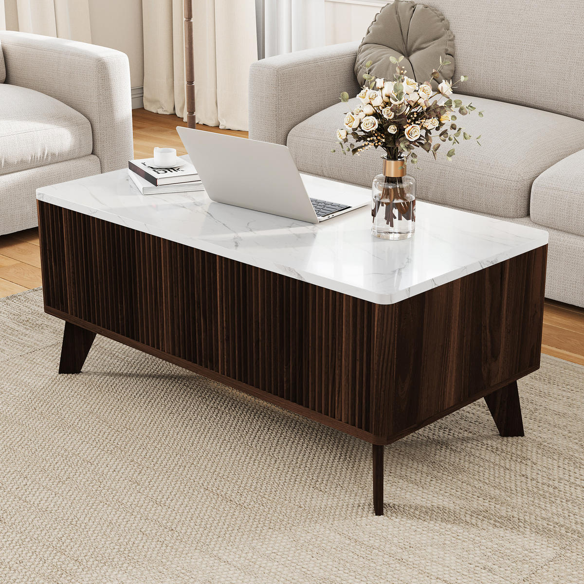 COUCHTISCH NUSSBAUM klappbare Tischplatte & großes Fach - Walnussfarben, Holz (105/32/42cm) - SHOPENTRA