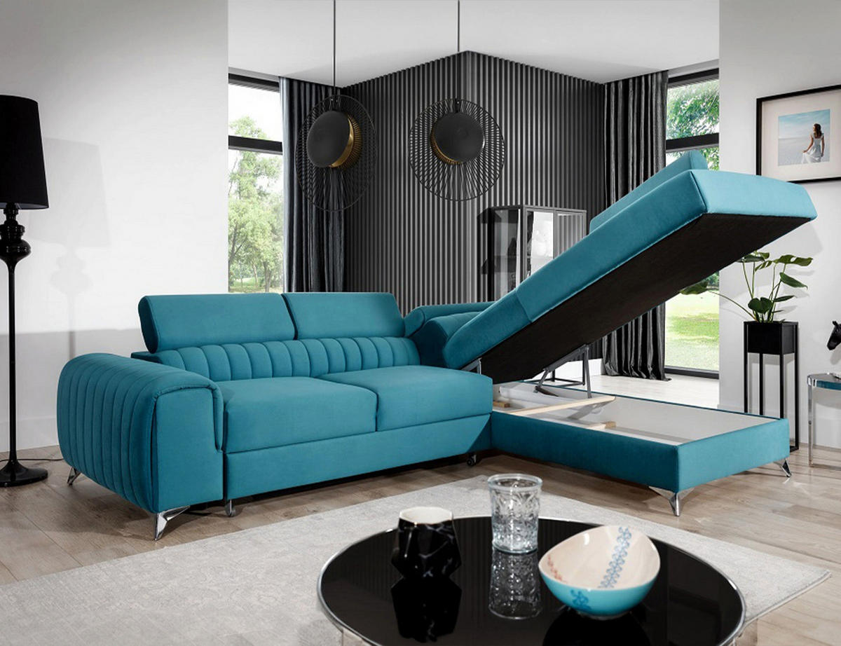 ECKSOFA Laurence mit Schlaffunktion & Bettkasten – 278 x 205 cm, verstellbare Kopfstützen - Blau, Kunststoff (278/205cm) - Wohnideebilder