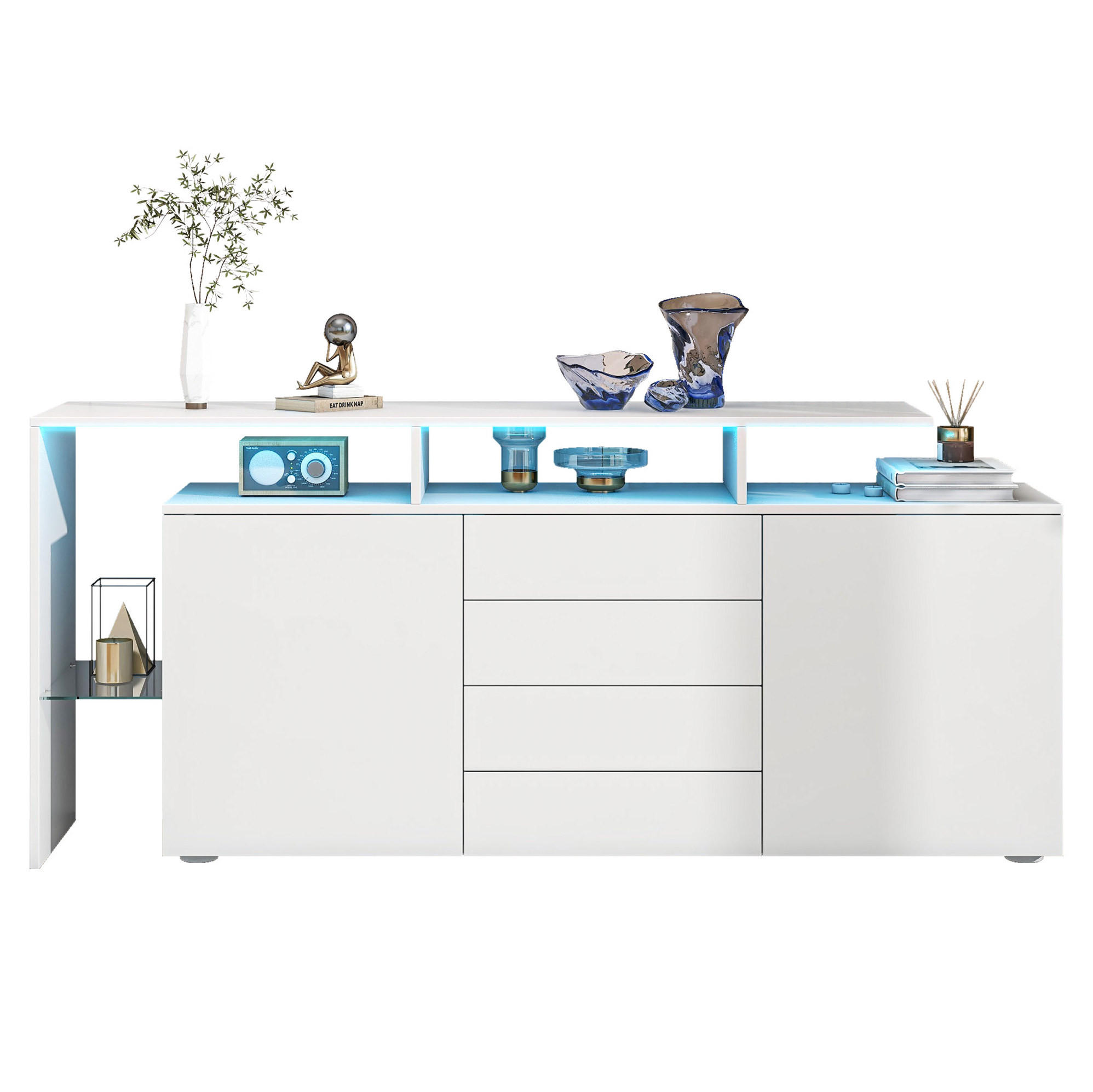 SIDEBOARD 160/35/70 cm mit LED-Beleuchtung, 4 Schubladen, 2 Türen und Push-to-open, Weiß - Weiß, Holzwerkstoff (160/70/35cm) - Redom