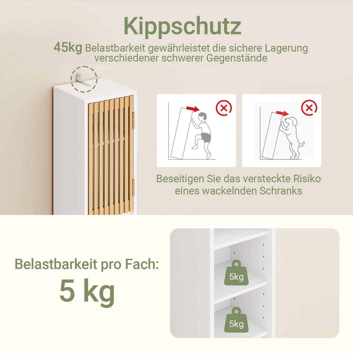 HOCHSCHRANK aus Holz, Schmal Weiß, 20x20x180cm, 20 cm breit, 6 Böden, für Bad & WC - Weiß/Naturfarben, Holzwerkstoff (20/180/20cm) - SoBuy