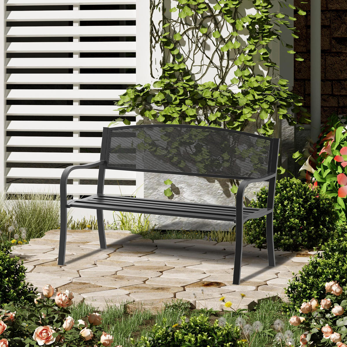 GARTENBANK,2-SITZER Stahlgewebe Rückenlehne,schwarz - Schwarz, Metall (127/87/60cm) - Vallsero