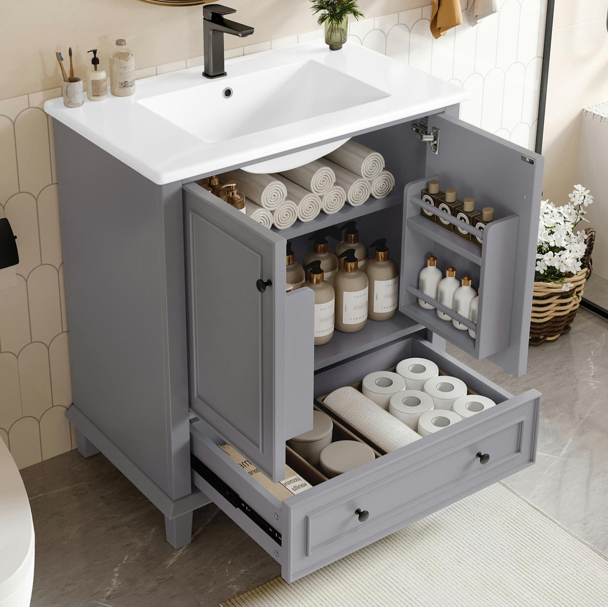 WASCHTISCHKOMBI 76/46/87 cm Grau aus Keramik und MDF mit Stauraum - Grau, Holzwerkstoff (76/87/46cm) - OKMYHOME
