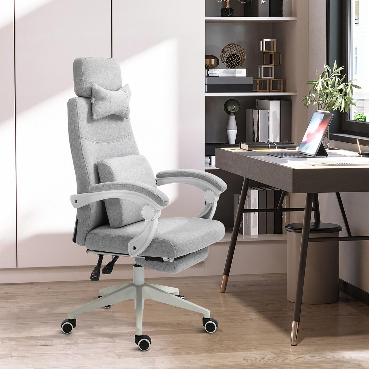 DREHSTUHL 62/68/117-127 cm grau aus Polyester mit Fußstütze und 160° Rückenlehne - Grau, Kunststoff (68/117/62cm) - OKWISH
