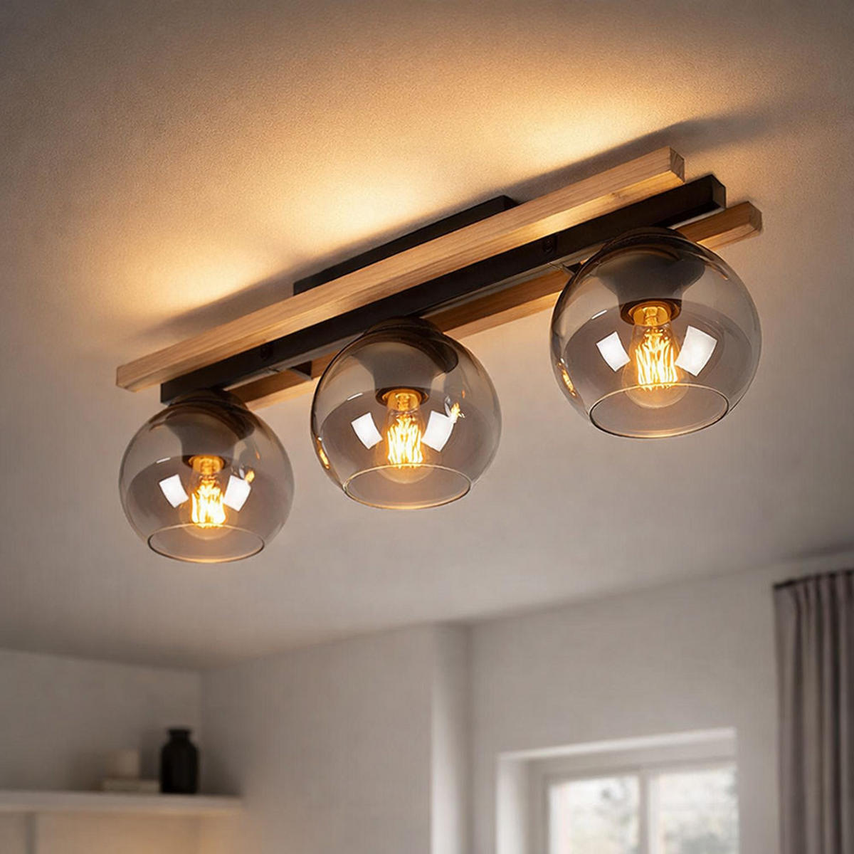 LED DECKENLEUCHTE Conni Braun Holz Glas Rauch - Braun, Glas (60/15/20.5cm) - Globo Lighting