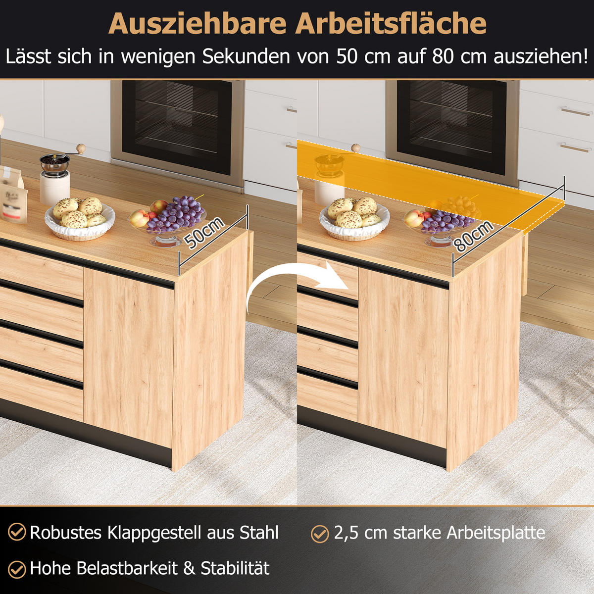 KÜCHENINSEL 140/50/90 cm Natürlich mit 4 Schubladen, ausklappbarer Arbeitsplatte und 2 Schränken - Silberfarben/Weiß, Holz/Holzwerkstoff (80/90/140cm) - Oxeza