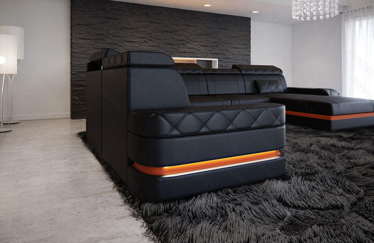 WOHNLANDSCHAFT Bologna Schwarz Orange Büffelleder - Schwarz, Leder (397/89/299cm)