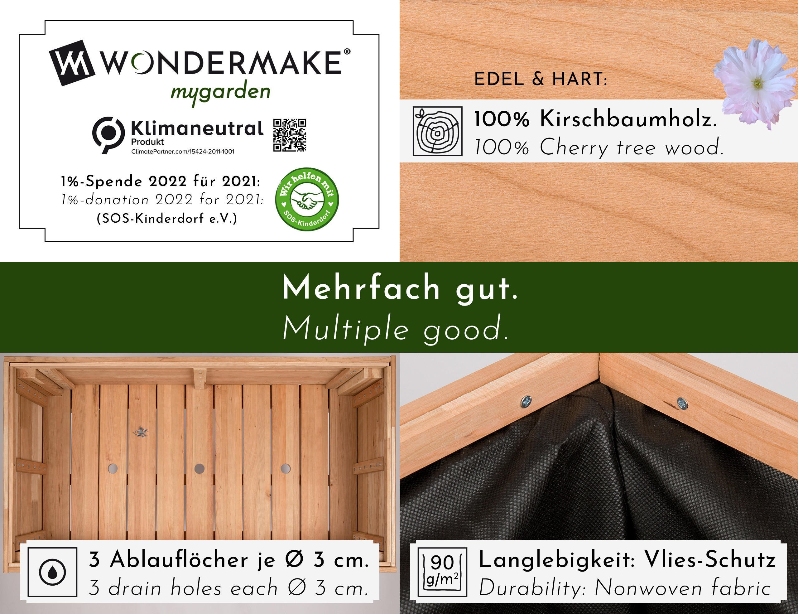 HOCHBEET aus Kirschbaum-Holz, rechteckig mit Vlies-Folie, für Garten & Balkon - Braun, Holz (100/80/55cm) - WONDERMAKE