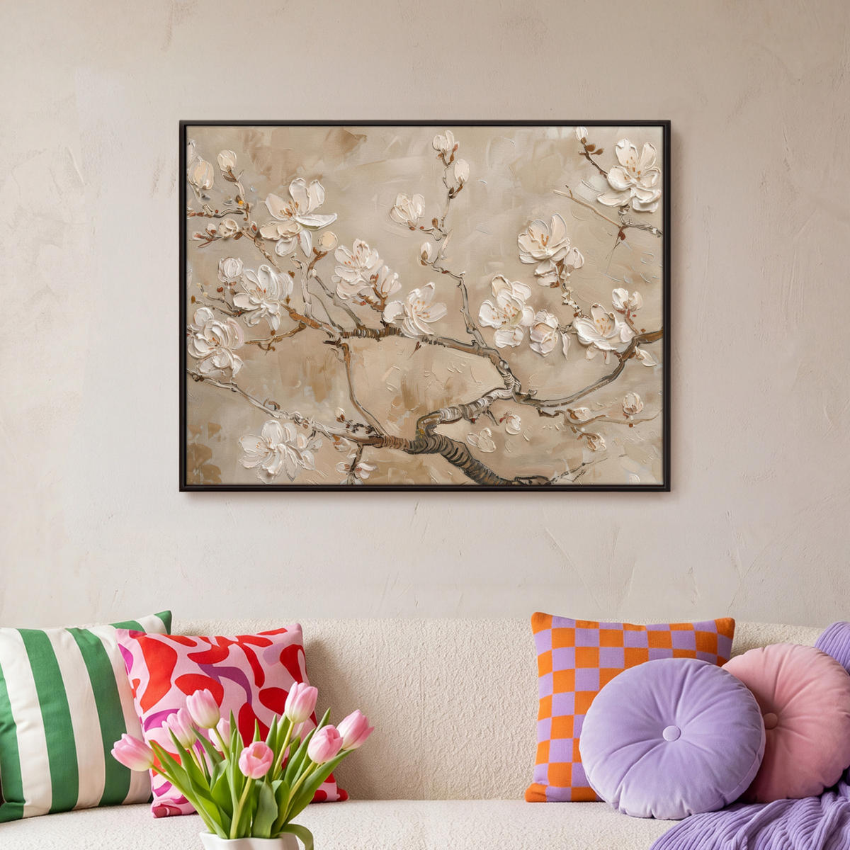 LEINWAND Bilder mit Rahmen - Blumen - Modern - Beige - Weiß - Blüte - 80x60 - Beige, Textil (80/60cm) - MuchoWow