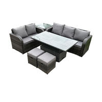 GARTENSOFA-SET hÖHENVERSTELLBARER ESSTISCH BEISTELLTISCH HOCKER Polyrattan 7-Sitzer - Dunkelgrau/Grau, Glas/Kunststoff - Fimous