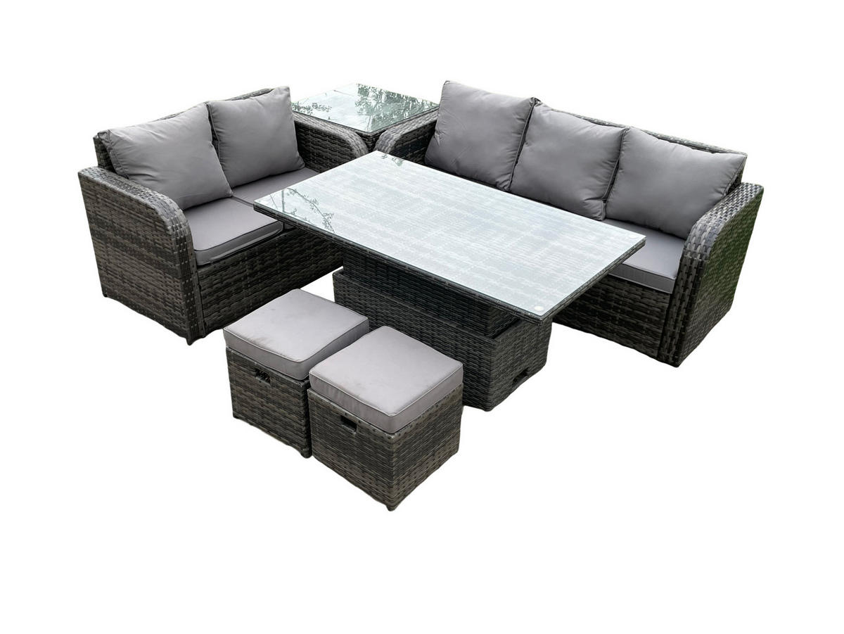 GARTENSOFA-SET hÖHENVERSTELLBARER ESSTISCH BEISTELLTISCH HOCKER Polyrattan 7-Sitzer - Dunkelgrau/Grau, Glas/Kunststoff - Fimous