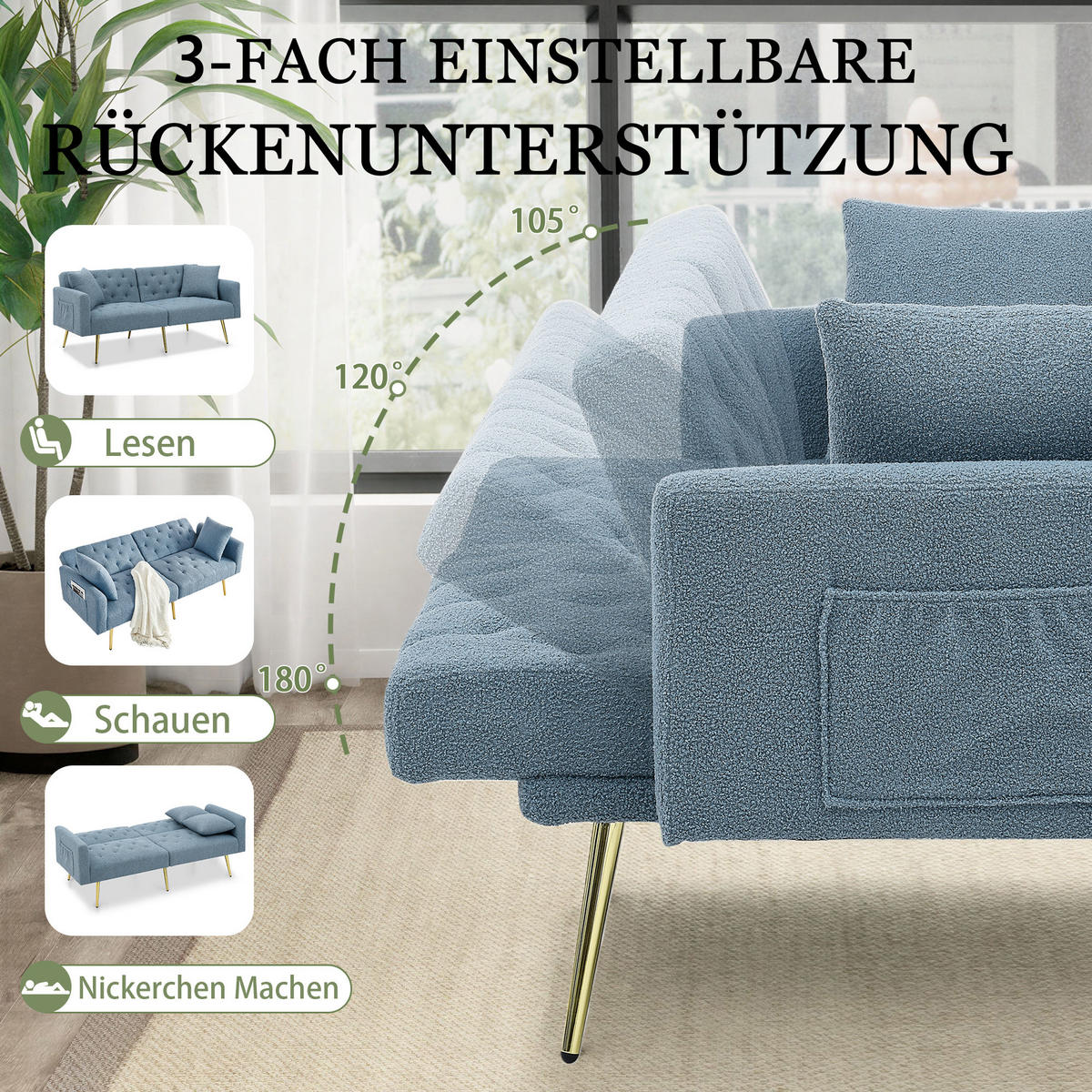 SCHLAFSOFA 177/78/74 cm in Blue Teddyfell mit Aufbewahrungstasche - Blau, Textil (177/74/78cm) - Oxeza