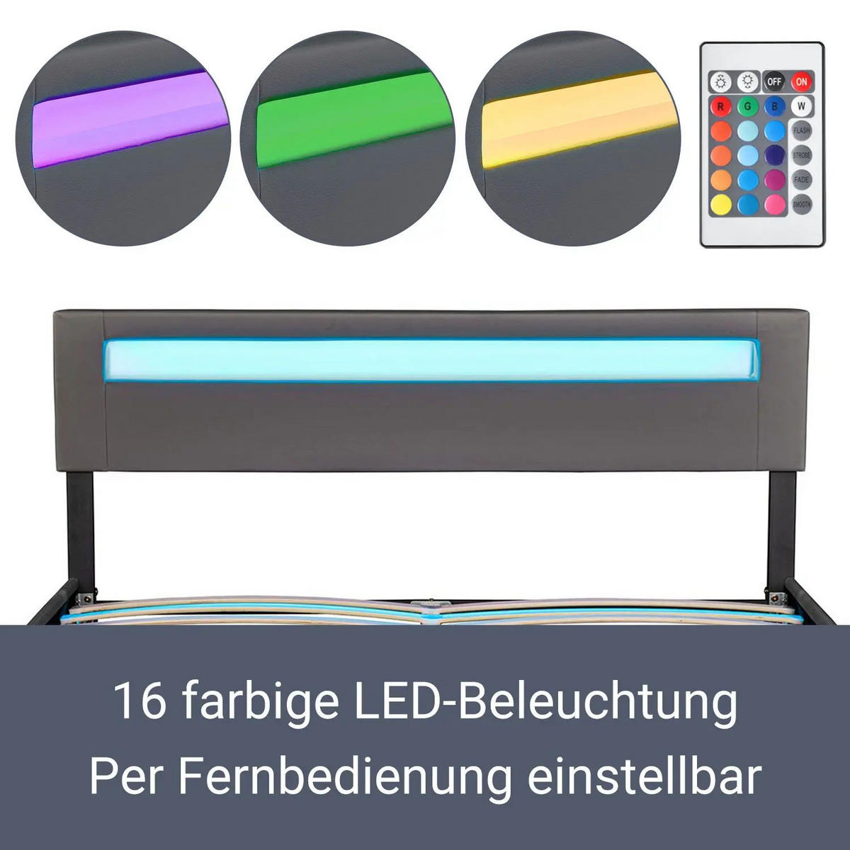 POLSTERBETT Paris dunkelgrau 180x200cm mit Matratze und LED (16 Farben) - Grau, Textil (180/200cm) - Juskys
