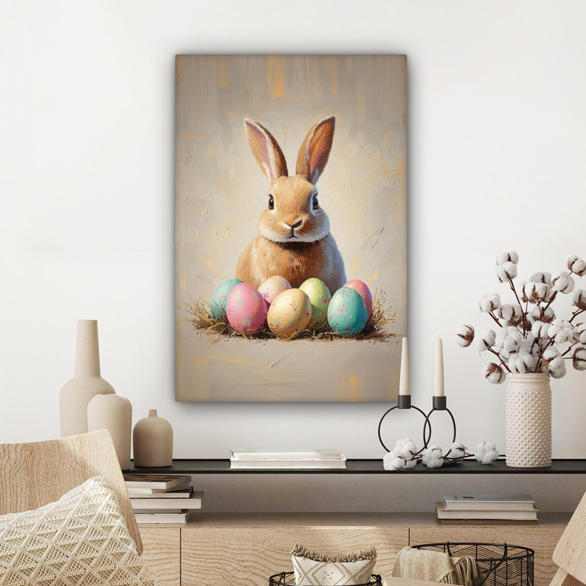 LEINWANDBILD Osterhase - Pastell - Eier Wanddeko Schlafzimmer 60x90 cm - Beige, Textil (60/90cm) - MuchoWow