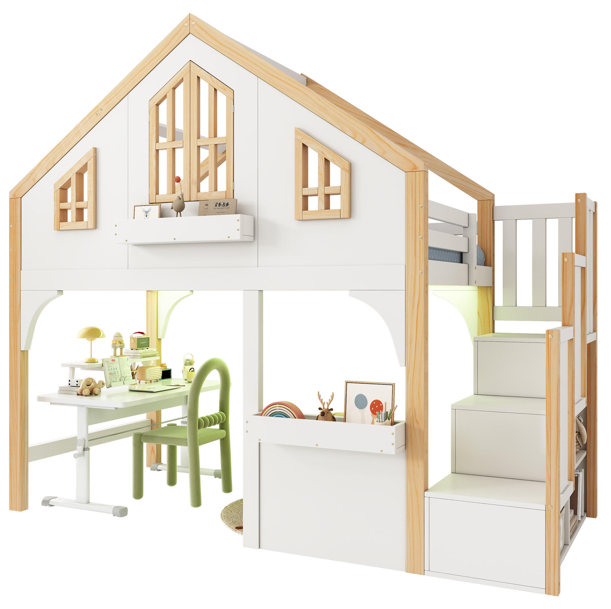 HAUSBETT 90/200 cm in Weiß aus Kiefer mit LED und Stauraumtreppe - Weiß, Holzwerkstoff (90/200cm) - BEAOK