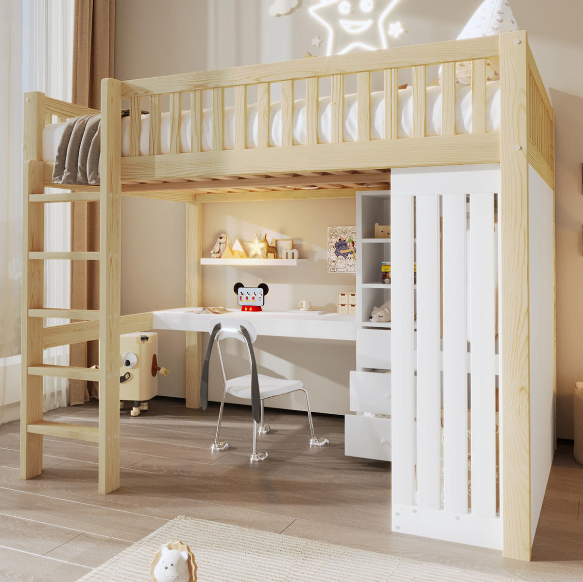 HOCHBETT 140/200 cm Natur aus Kiefernholz und MDF mit Schreibtisch - Naturfarben, Holz (140/200cm) - OKMYHOME