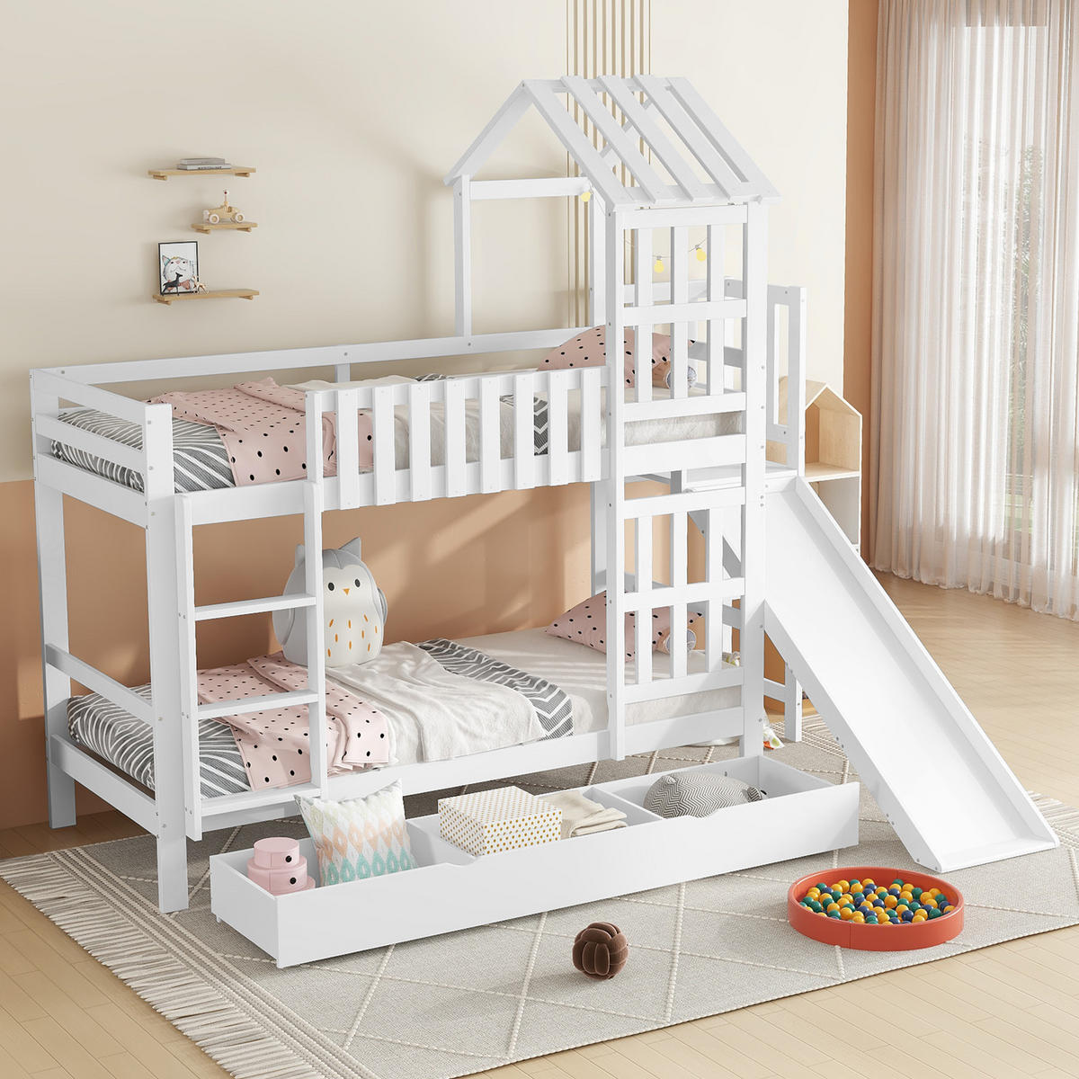 ETAGENBETT 90/200 cm Weiß mit großer Schublade und Spaßrutsche aus Kiefer und MDF - Weiß, Holzwerkstoff (90/200cm) - OKWISH