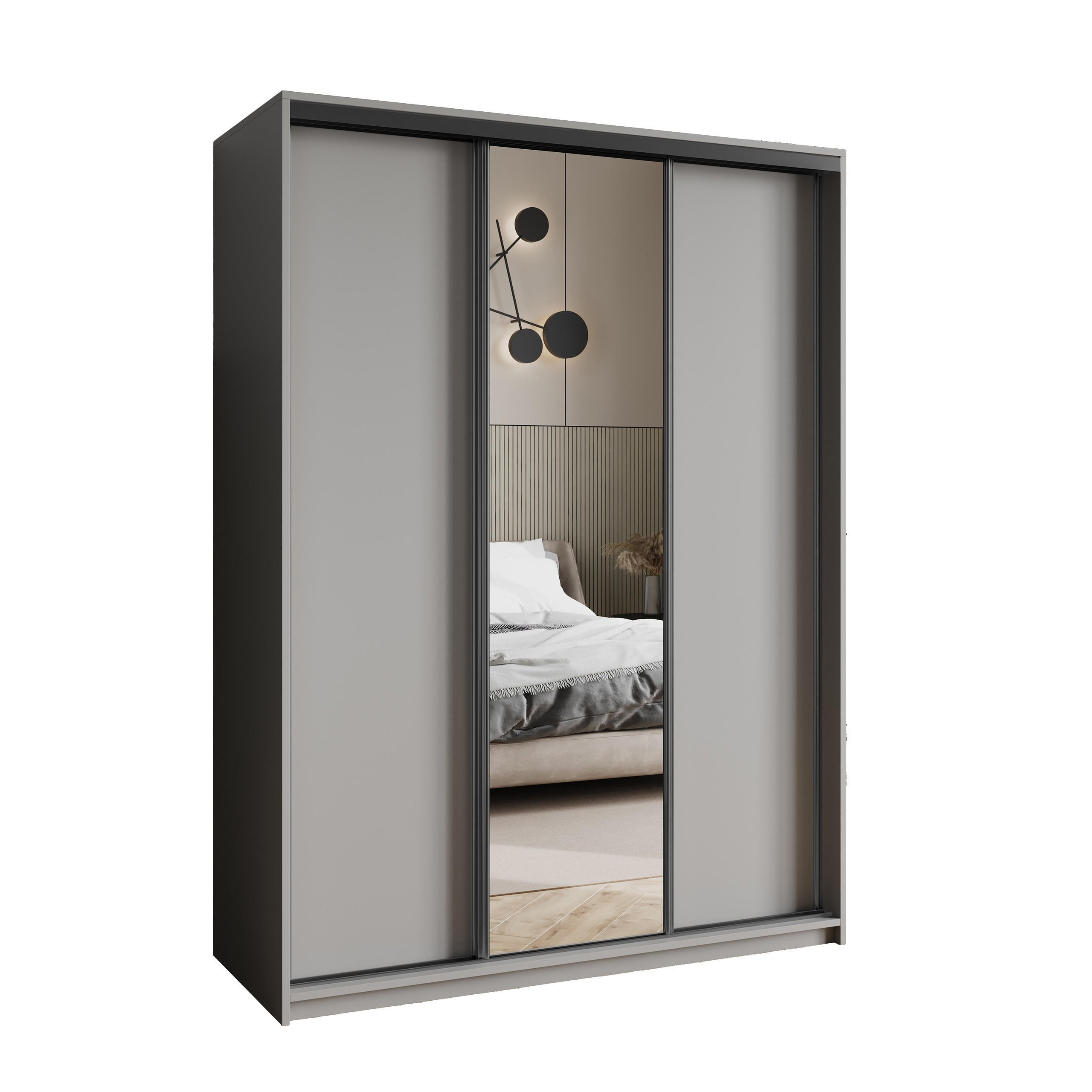 SCHWEBETÜRENSCHRANK TAVI 150/205/60 cm 3-türig mit Spiegel Graphitfarben - Graphitfarben, Holzwerkstoff (150/205/60cm) - MASSENO