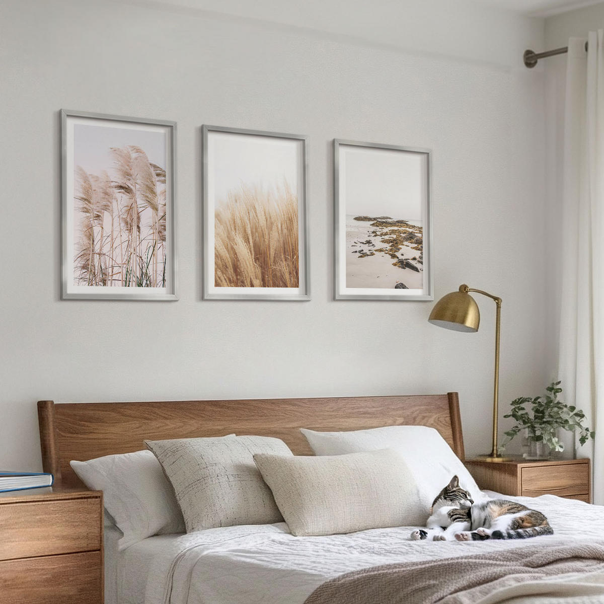 WANDBILDER 3er Set - 40x60 cm Silberner Rahmen - Pampasgrasfelder und ein Boho-Strand - Silberfarben, Kunststoff (40/60cm) - ArtPrintCave