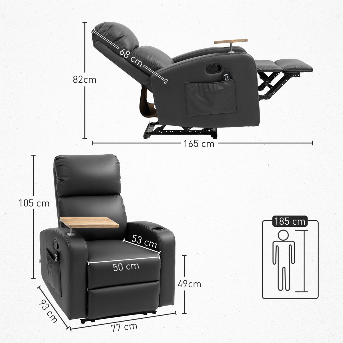 RELAXSESSEL mit Massagefunktion, Seitentasche und Becherhalter, Mikrofaser, Schwarz - Schwarz, Metall (77/105/93cm) - HOMCOM