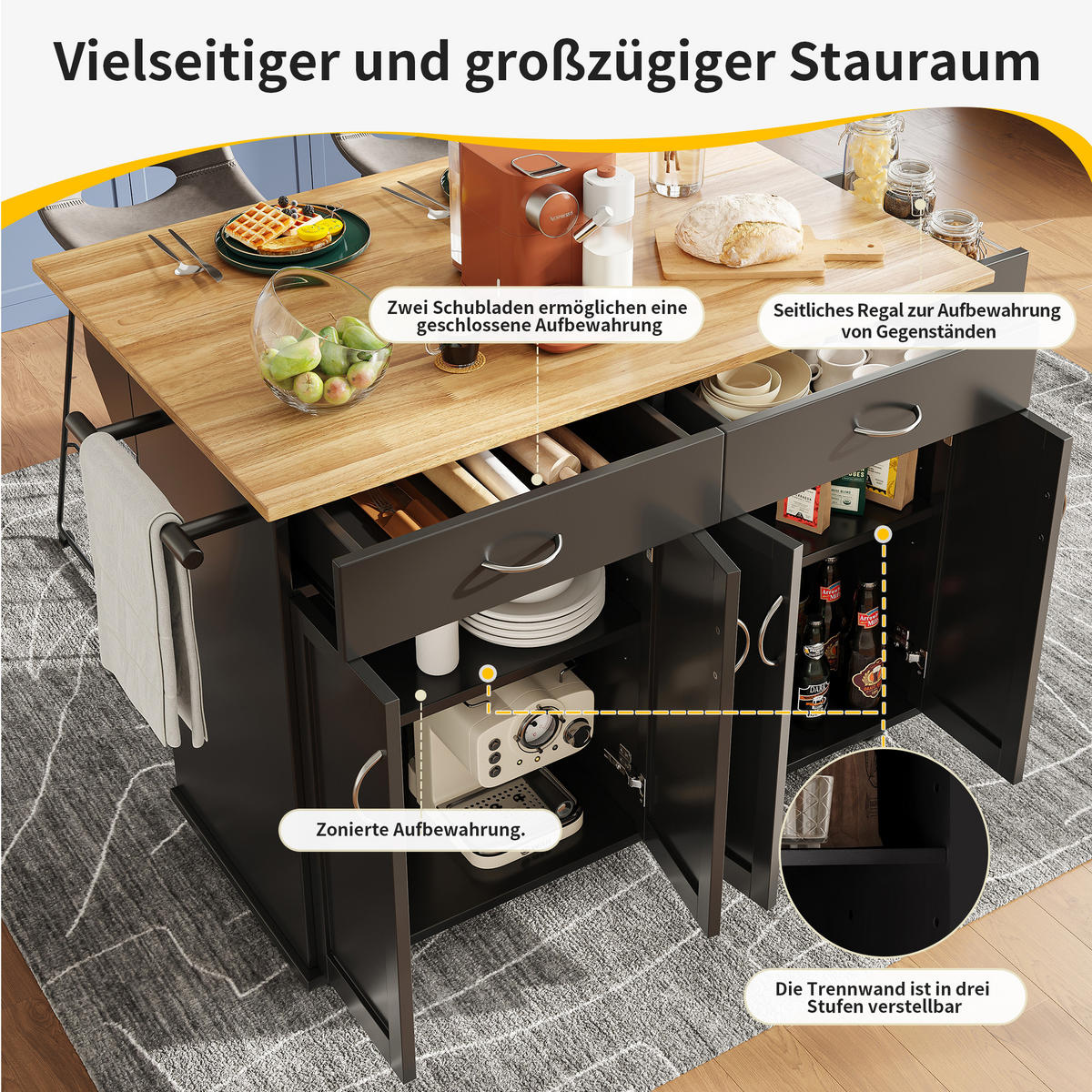 KÜCHENINSEL 106x78x90.5cm Schwarz mit Klapptisch & Rädern - Schwarz, Holzwerkstoff (106/90.5/78cm) - Modfu