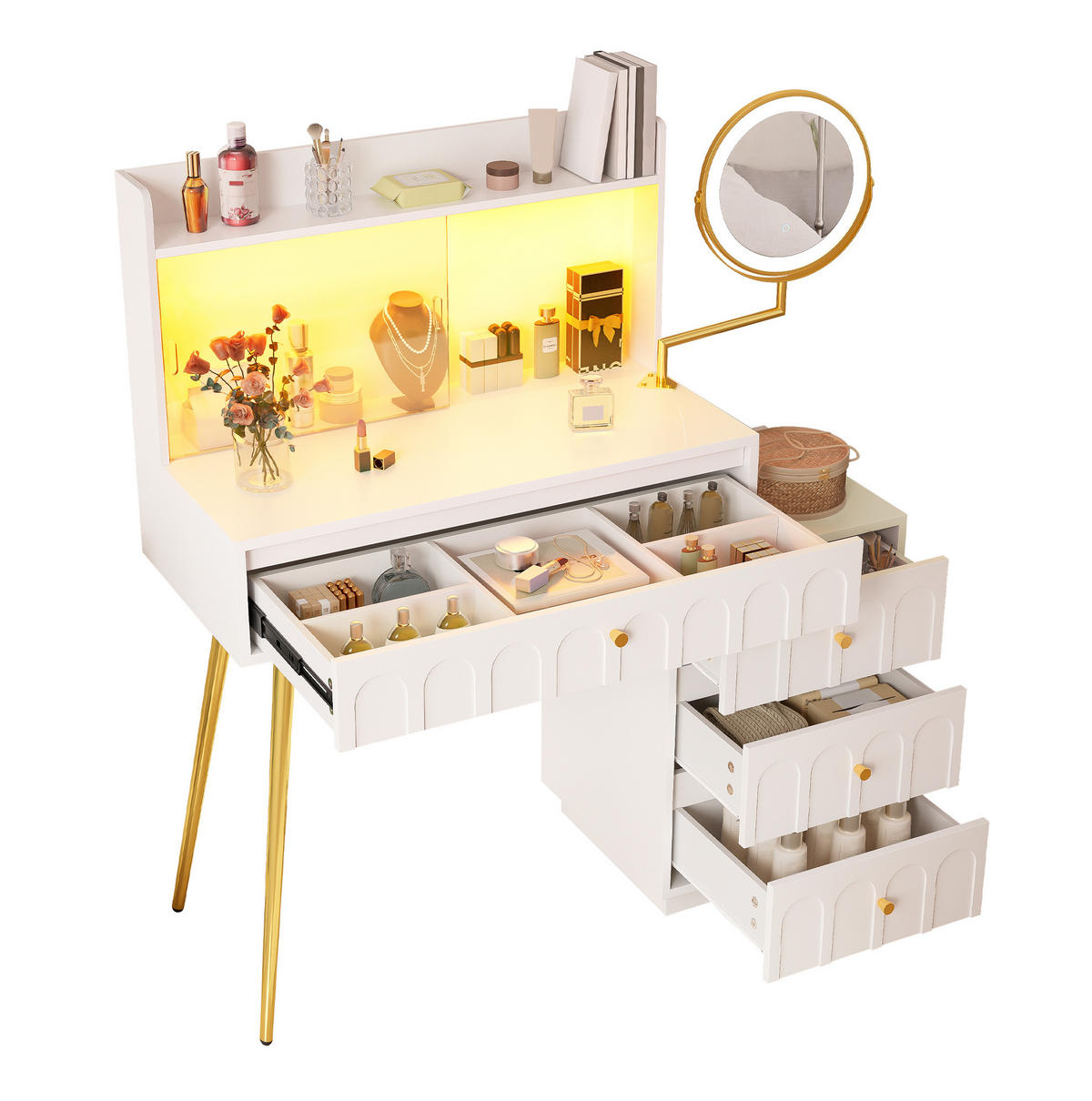 SCHMINKTISCH aus MDF und Spanplatte 34,5x112x116 cm Weiß mit LED-Spiegel, Glasschiebetüren und 4 Schubladen - Weiß, Holzwerkstoff (112/116/34.5cm) - Modfu