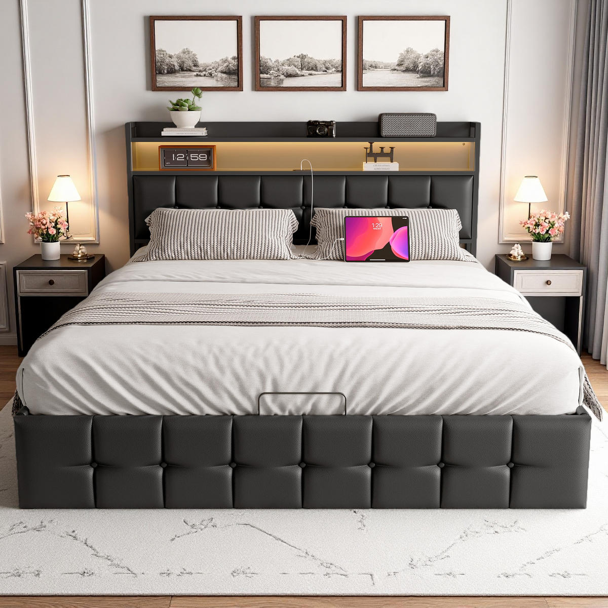 POLSTERBETT 140x190 cm LED Kopfteil Lattenrost PU Leder schwarz - Schwarz, Holz (140/190cm) - LEBENLANG