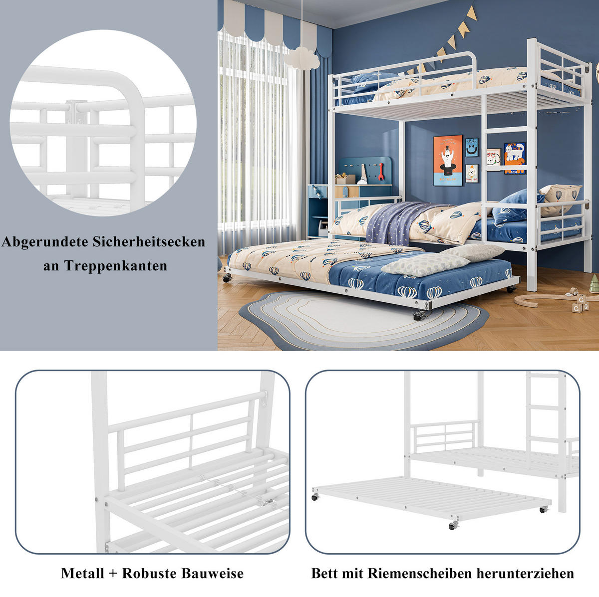 ETAGENBETT 90/200 cm in Weiß aus Metall mit Ausziehbett 90/190 cm - Weiß, Metall (90/190cm) - Flora Grace