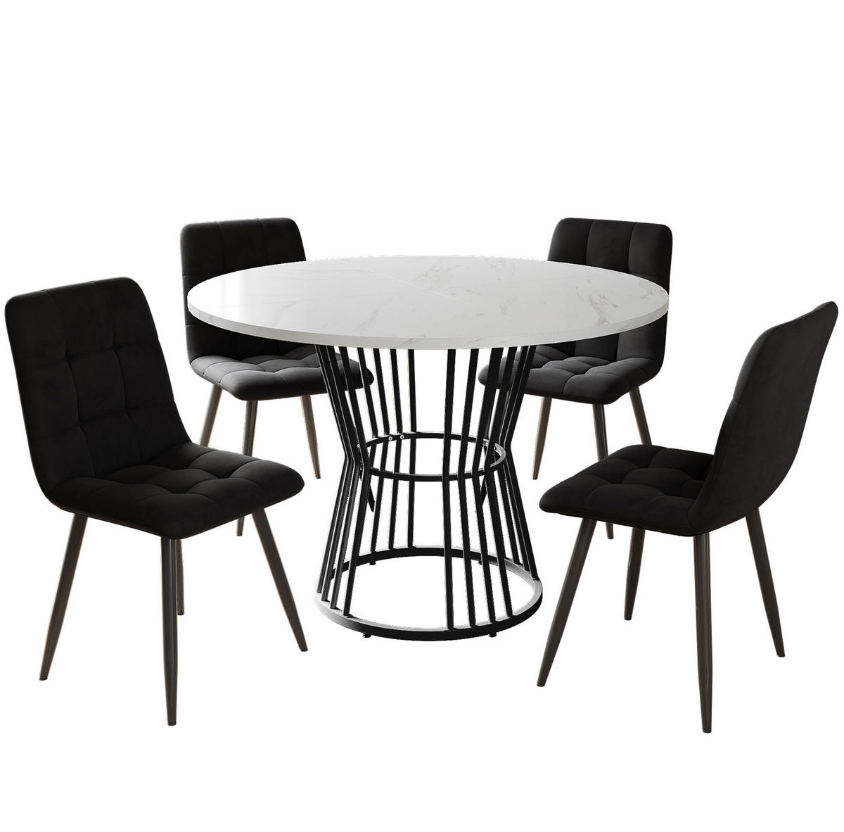 ESSTISCHSET 5-Teilig Mit 4 Stühlen, Rund 100 Cm, Weiß, Schwarz Samt - Schwarz, Holzwerkstoff (100/75/100cm) - FLIEKS