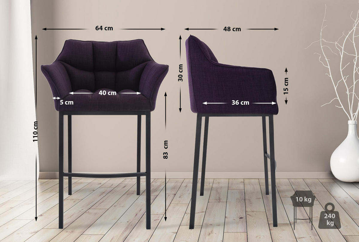 BARHOCKER 2er Set Stoff Lila - Lila/Schwarz, Textil/Metall (64/110/48cm) - CLP