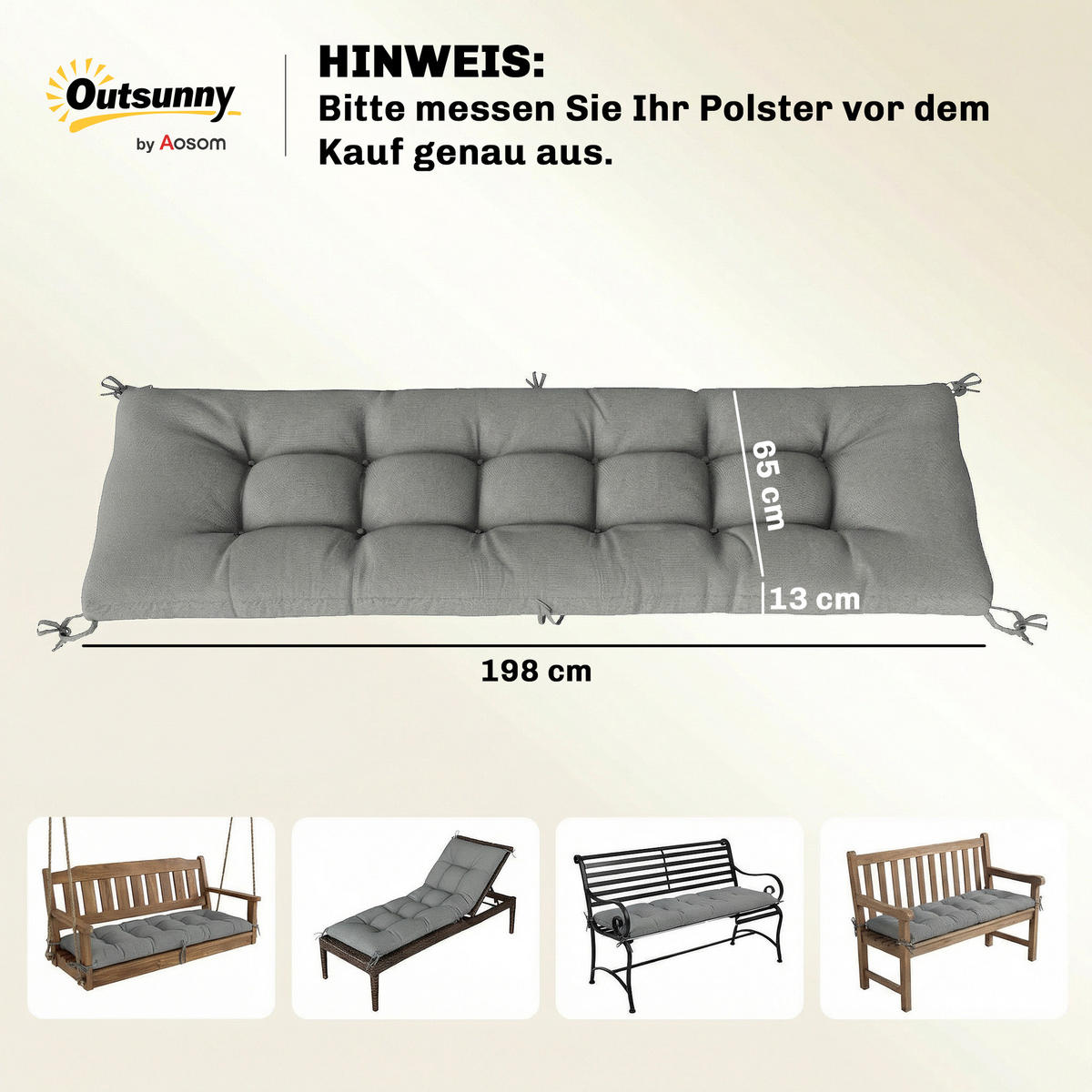 SEDACÍ POLŠTÁŘ z polyesteru a PP bavlny, světle šedý - světle šedá, textil (65/13/198cm) - Outsunny