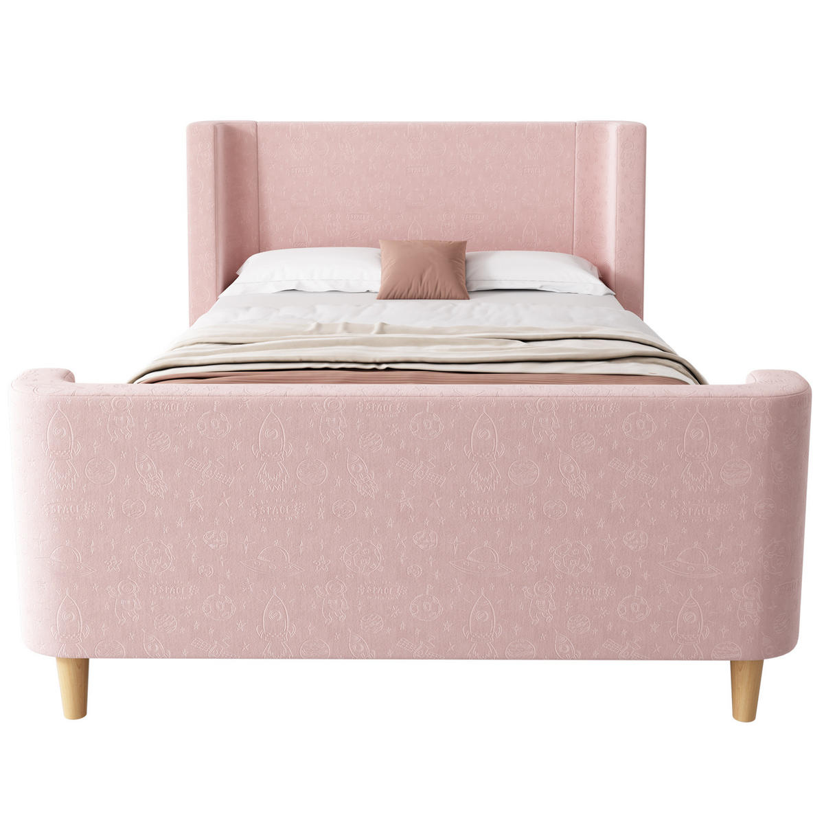 KINDERBETT 90/200 cm in Rosa aus Samt mit Weltraummuster und Schlittenbett-Design - Rosa, Textil (90/200cm) - Flora Grace