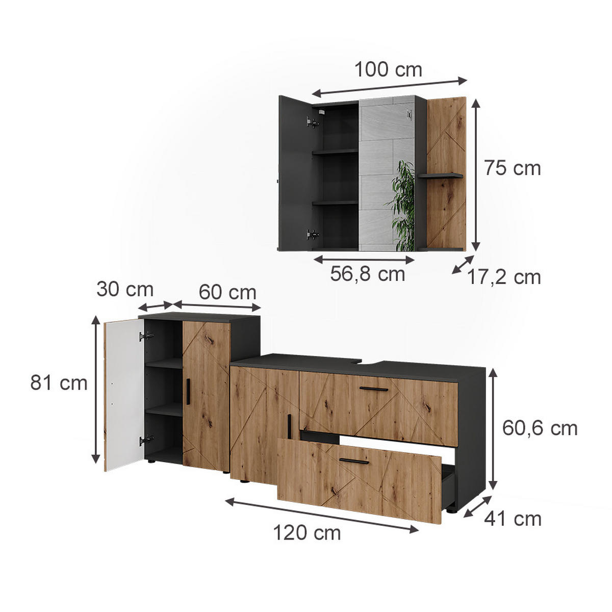 SADA KOUPELNOVÉHO NÁBYTKU Irma Antracit/Artisan - antracitová/dub artisan, kompozitní dřevo (120.1/60.6/41cm) - Vicco