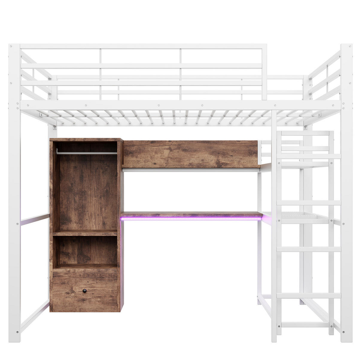 HOCHBETT 140/200 cm in Weiß mit Schreibtisch, Stauraum und LED-Beleuchtung - Weiß, Holzwerkstoff (140/200cm) - Flora Grace